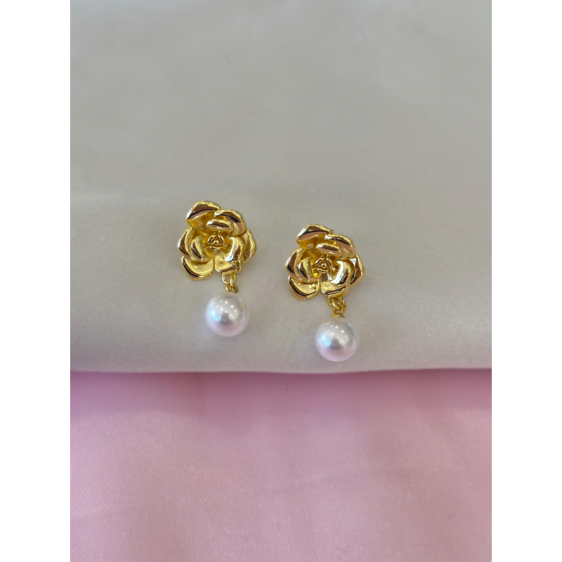 Aretes flor perla colgante #B8.1