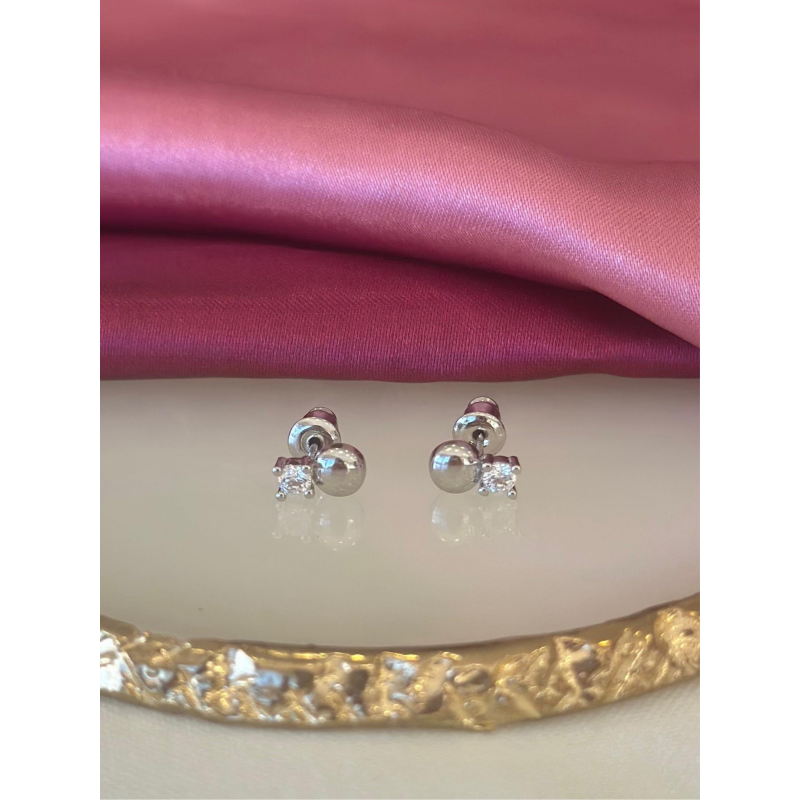 Aretes plateados zirconia cuadrada y bolita #75