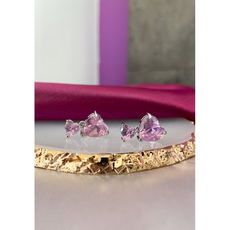 Aretes corazones rosa 2 medidas plateadas #93B