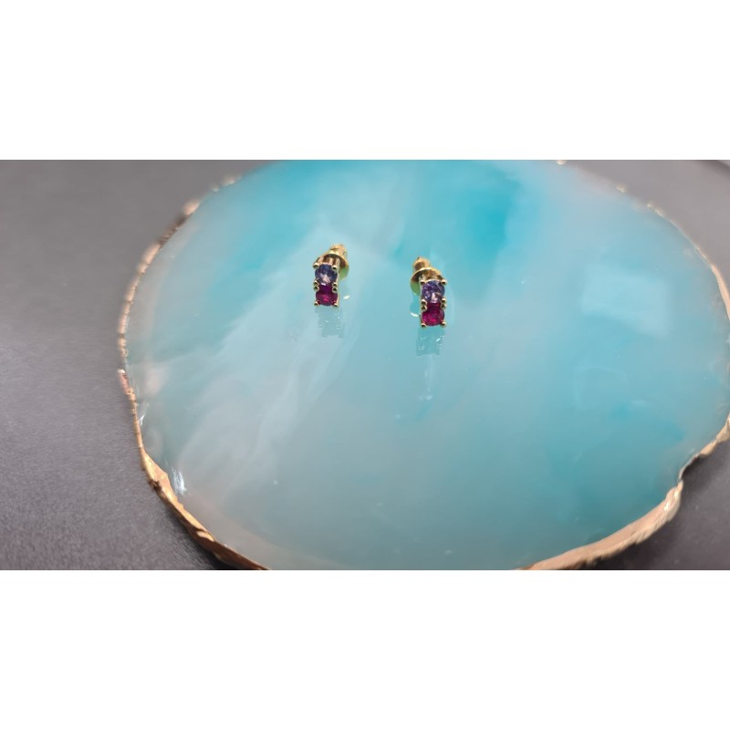 Aretes doble piedra Zirconia rosa morado #53A