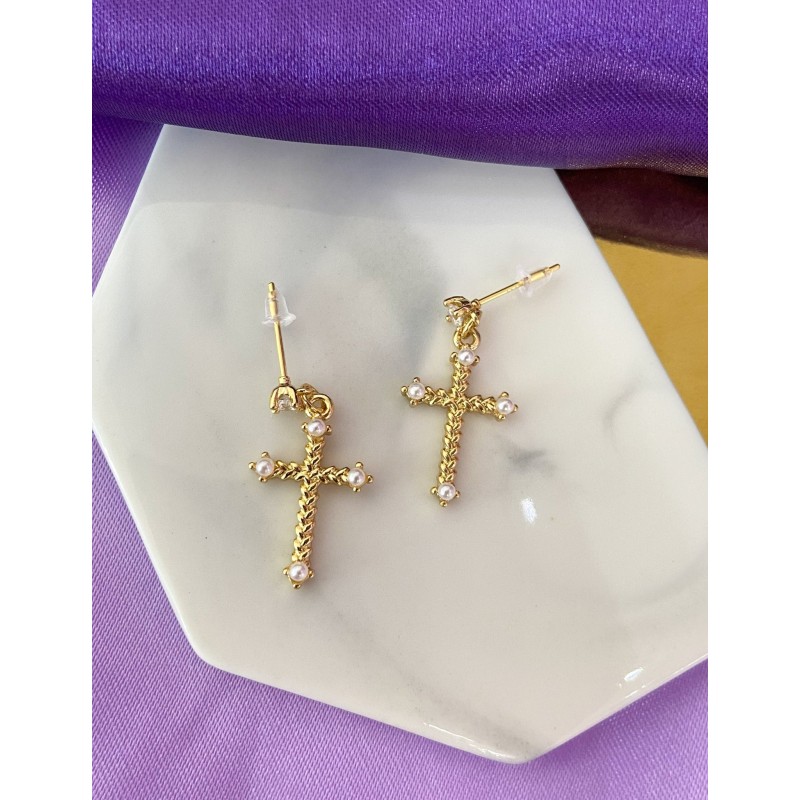 Aretes cruz con perlas #176