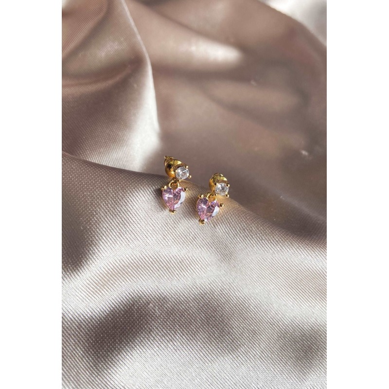 Aretes #92 corazon rosa con piedra zirconia cristal
