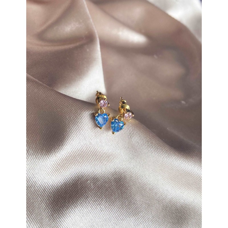 Aretes #91 corazon azul con piedra zirconia rosa